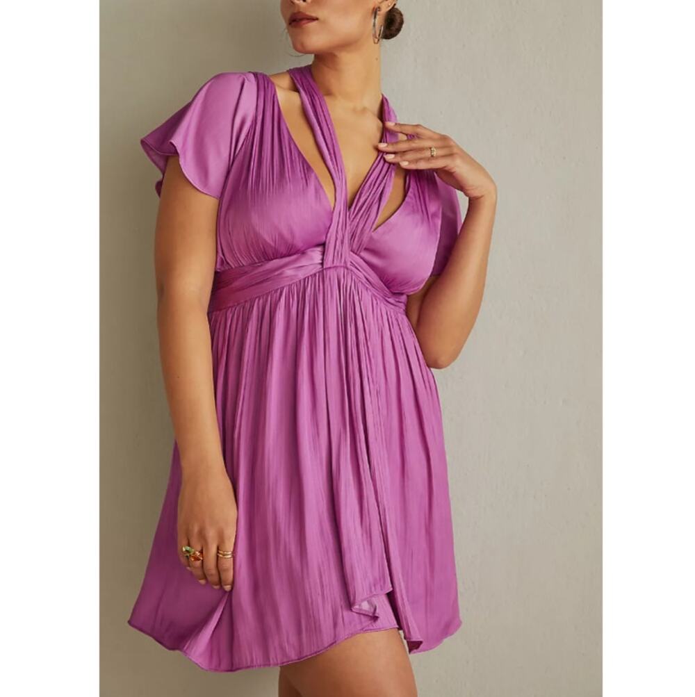 New By Anthropologie FallCore Deep V-Neck Vibrant Purple Mini Dress Size 2